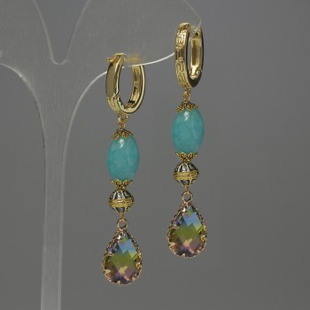 Aquamarine Nugget Earrings, diameter 12mm+/- Cloisonné 7mm+/- crystal in setting 14x10mm+/-, length 58mm+