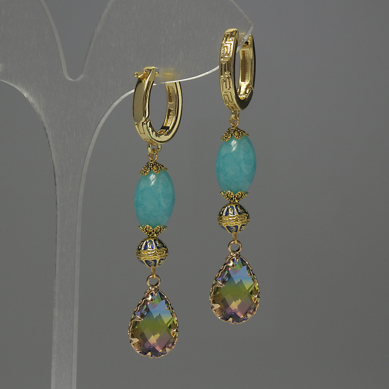 Aquamarine Nugget Earrings, diameter 12mm+/- Cloisonné 7mm+/- crystal in setting 14x10mm+/-, length 58mm+