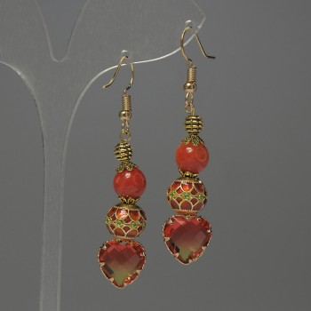Coral (Artificial) Bead Earrings, diameter 8mm+/- Cloisonné 10mm+/- crystal in setting 13mm+/-, length 56mm+