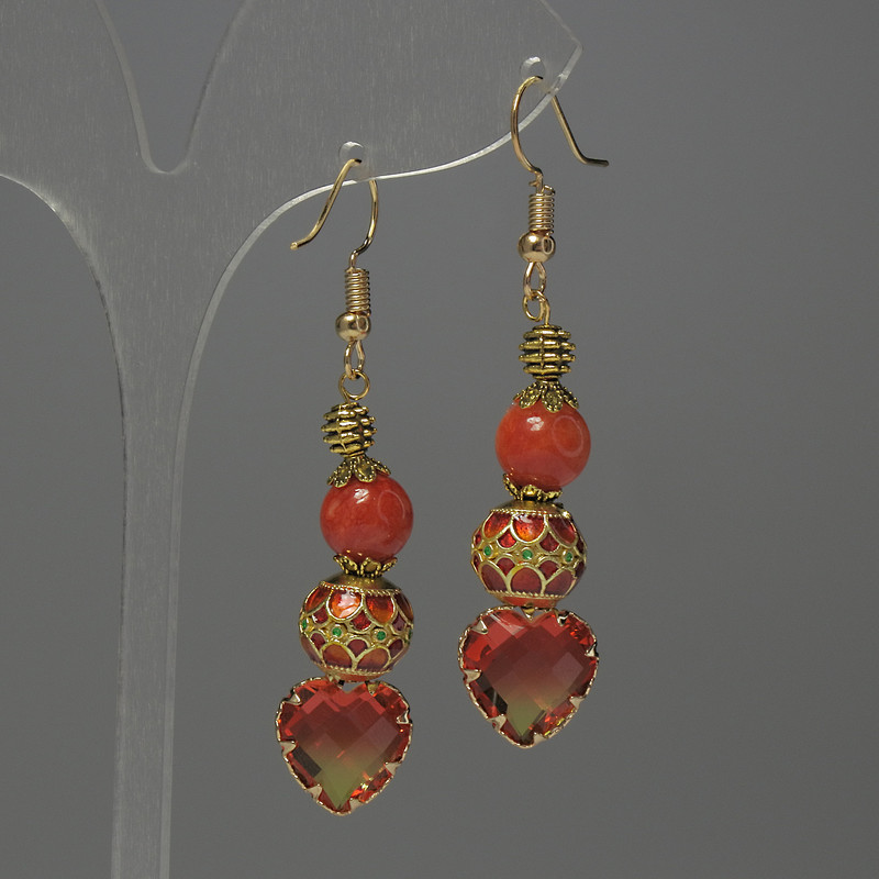 Coral (Artificial) Bead Earrings, diameter 8mm+/- Cloisonné 10mm+/- crystal in setting 13mm+/-, length 56mm+
