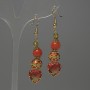 Coral (Artificial) Bead Earrings, diameter 8mm+/- Cloisonné 10mm+/- crystal in setting 13mm+/-, length 56mm+