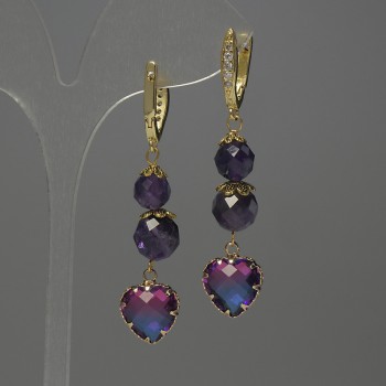 Amethyst Earrings, faceted bead diameter 8mm+/- 9mm+/-, crystal in setting 12mm+/-, length 56mm+