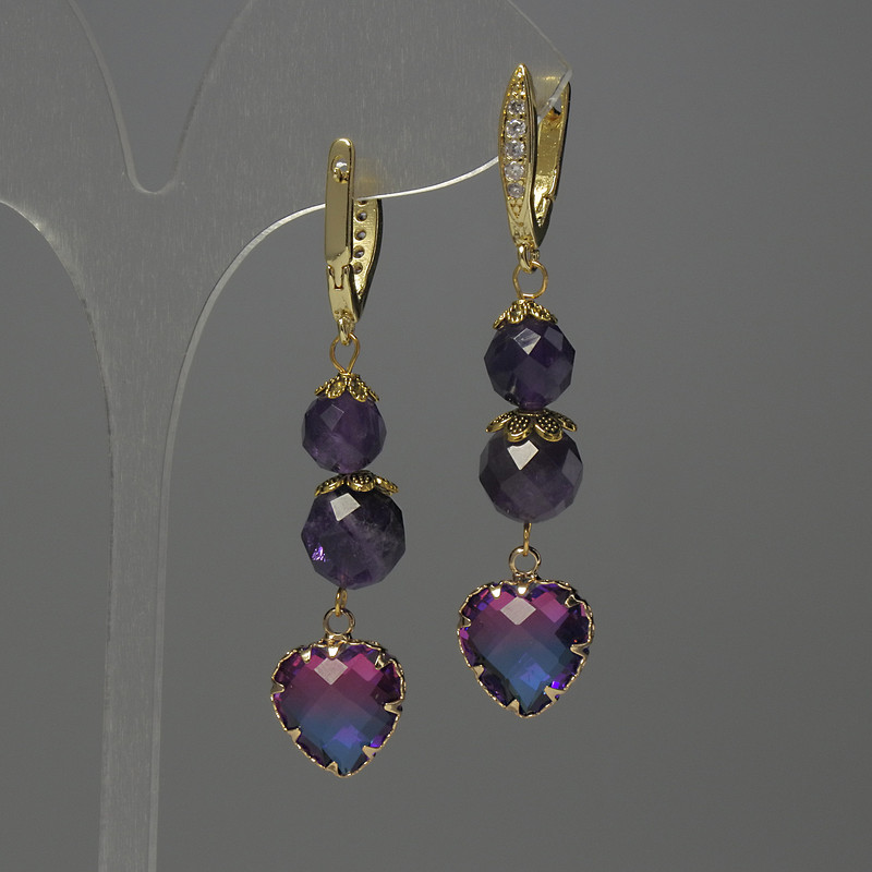 Amethyst Earrings, faceted bead diameter 8mm+/- 9mm+/-, crystal in setting 12mm+/-, length 56mm+