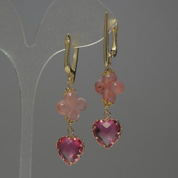 Chalcedony Clover Earrings, diameter 13mm+/- pink crystal in setting 13mm+/-, length 53mm+
