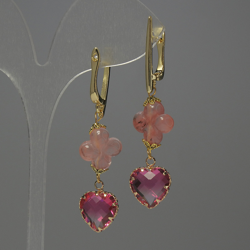 Chalcedony Clover Earrings, diameter 13mm+/- pink crystal in setting 13mm+/-, length 53mm+