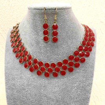 Set Necklace + Earrings Berries, Gold Metal and Red Gloss