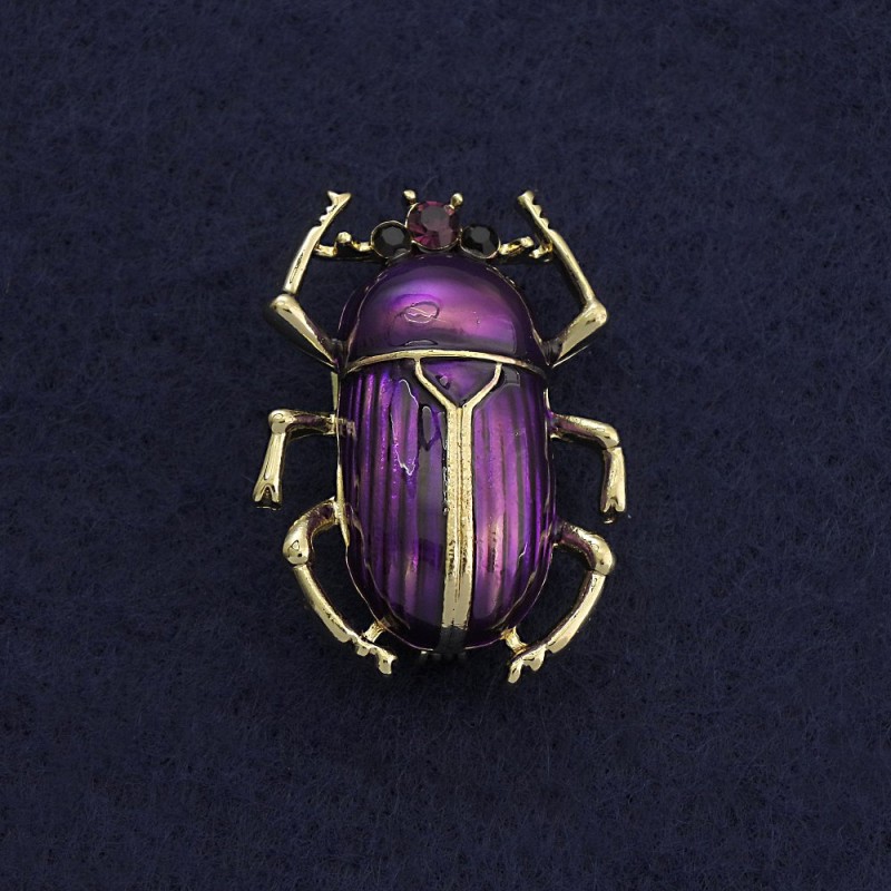 Brooch Scarab Beetle Purple Enamel Gold-Tone Metal 24x33mm+