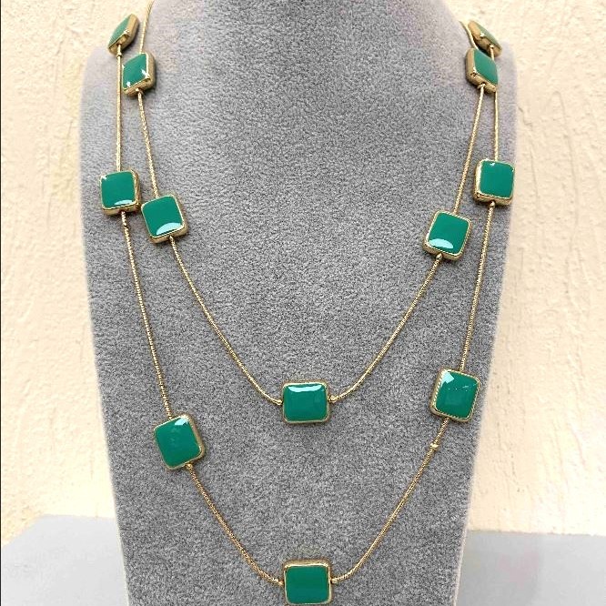 Necklace Cascade Two-Row Square Bead, length 80cm yellow metal