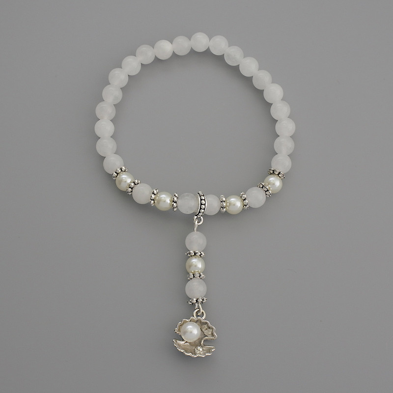 White Quartz Bracelet, smooth beads, diameter 6mm+/- with metal inserts, length 18cm+/- stretch
