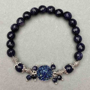 Aventurine "Night of Cairo" Bracelet, faceted beads, diameter 8mm+/-, geode 13mm+/-, length 18cm stretch