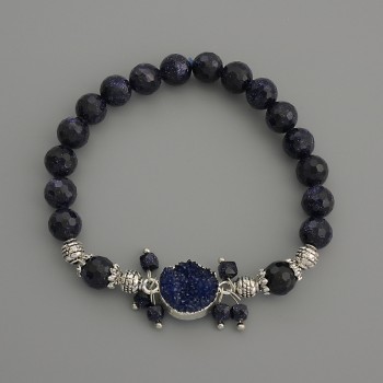 Aventurine "Night of Cairo" Bracelet, faceted beads, diameter 8mm+/-, geode 13mm+/-, length 18cm stretch