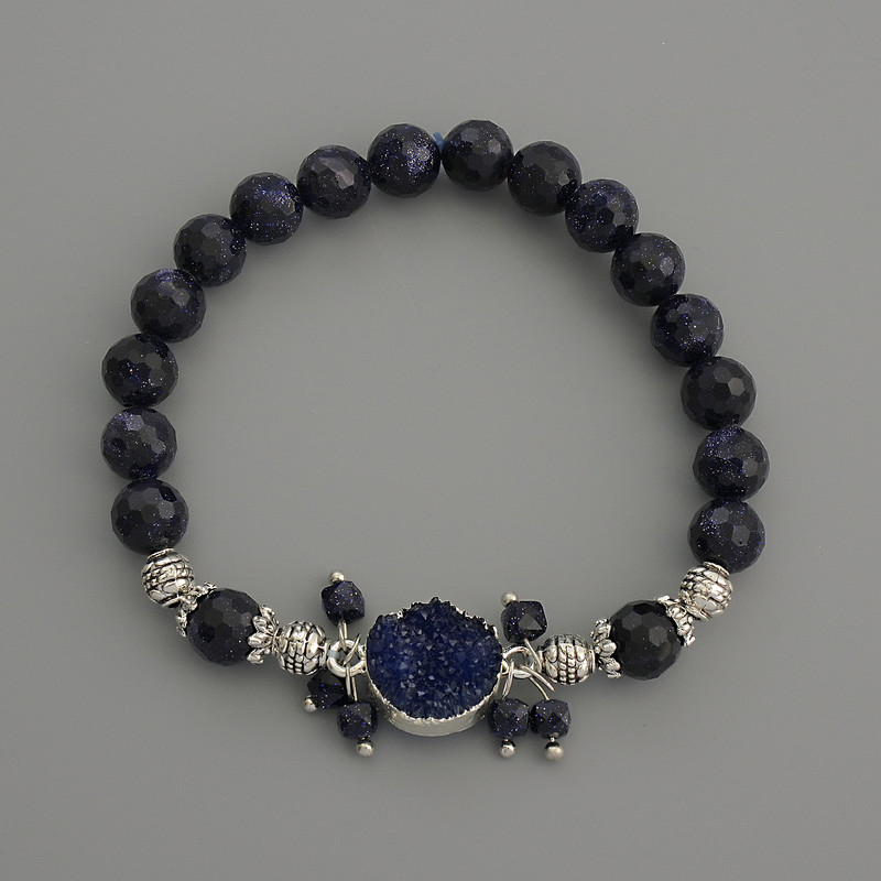 Aventurine "Night of Cairo" Bracelet, faceted beads, diameter 8mm+/-, geode 13mm+/-, length 18cm stretch