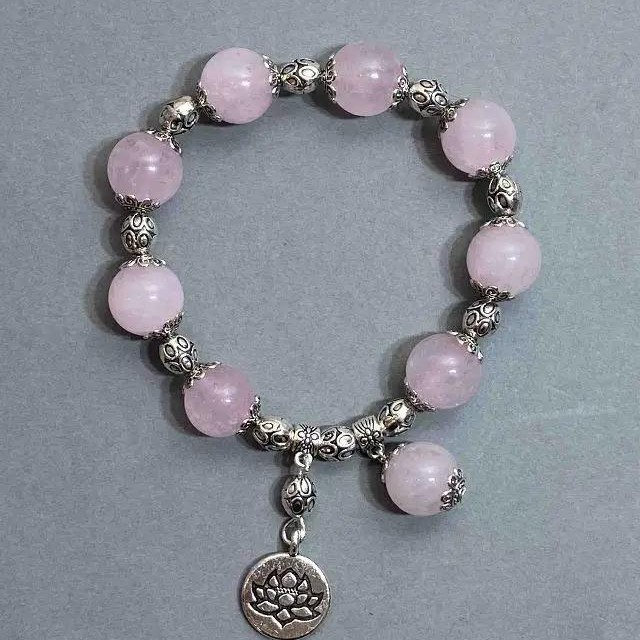 Bracelet Rose Quartz Round Bead, diameter 12mm+- with Metal Inserts, length 18cm+- stretch