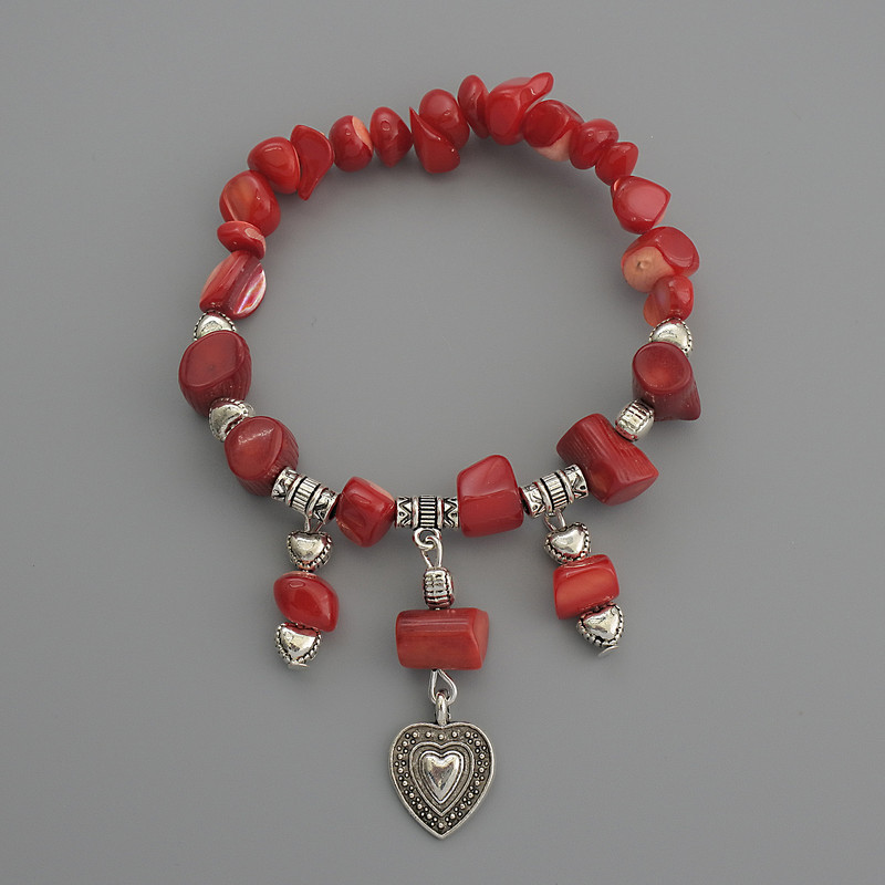 Bracelet Mother-of-Pearl Tumbled Bead, diameter 6x8mm+- Coral Column 12x7mm+-, length 18cm stretch