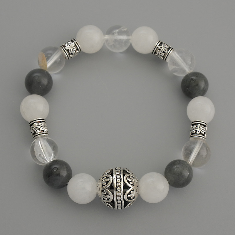 Assorted Bracelet, smooth beads, diameter 10mm+/- with metal inserts, length 18cm stretch