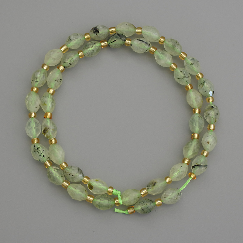 Prehnite Natural Stone Beads, Faceted Grain, Diameter 8x6mm+/-, with 3mm+/- Seed Beads, Length 38cm+