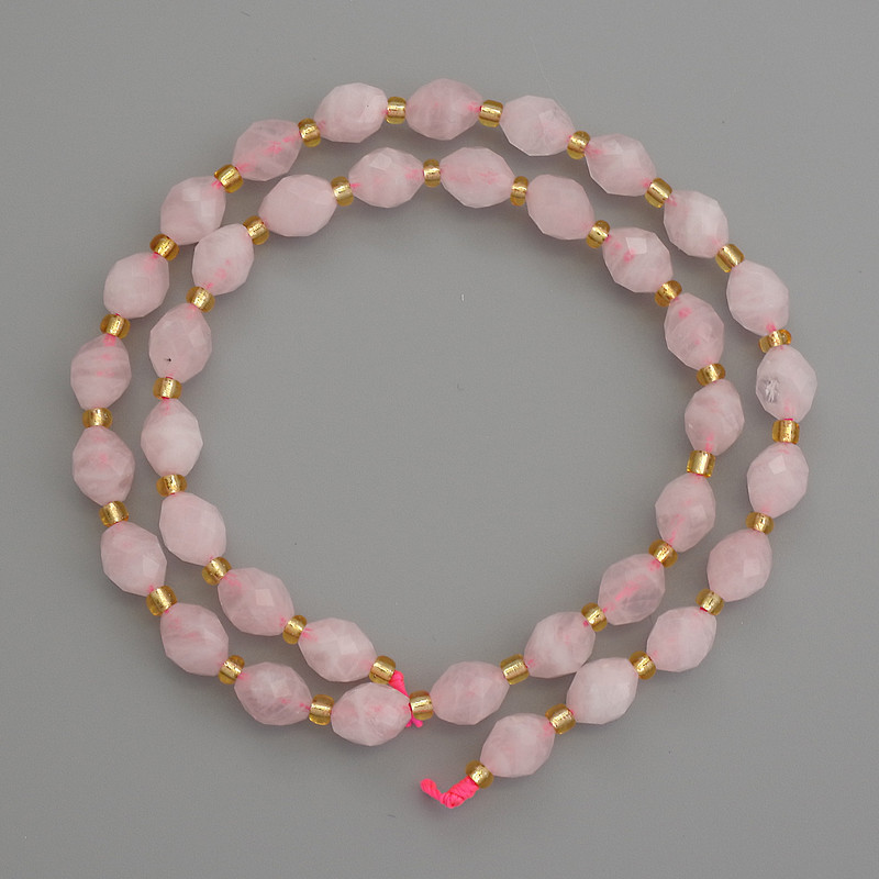 Natural Rose Quartz Stone Beads, Faceted Rice Shape, Diameter 8x6mm+/-, with 3mm+/- Seed Beads, Length 38cm+