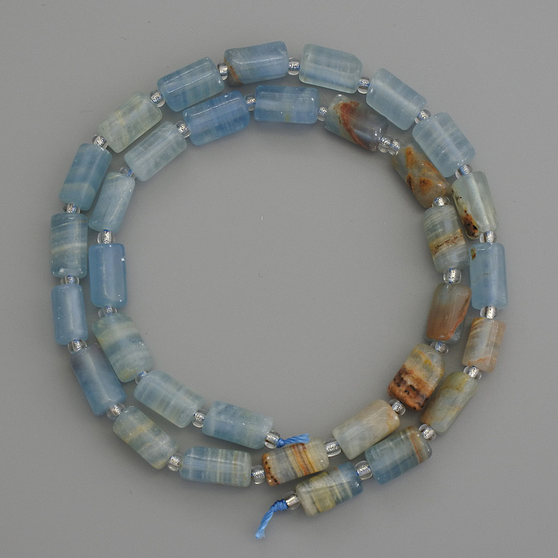 Blue Calcite Beads Cylinder 10x6mm+- with 3mm+- Seed Beads on Thread, Length 40cm+