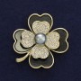 Clover Brooch White Rhinestones Pearl Gold-Tone Metal, Diameter 38x45mm +/- Magnetic