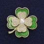 Clover Brooch, White Rhinestones, Pearl, Gold-Tone Metal, Diameter 38x45mm +/-, Magnetic