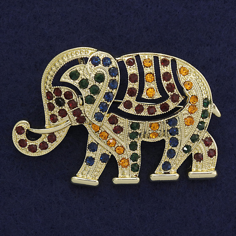 Elephant Brooch Pendant with Assorted Rhinestones, Gold-Tone Metal, 60x40mm+
