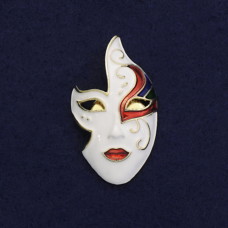 Mask Brooch White Black Red Enamel Gold-Tone Metal 40x23mm+/- Magnetic