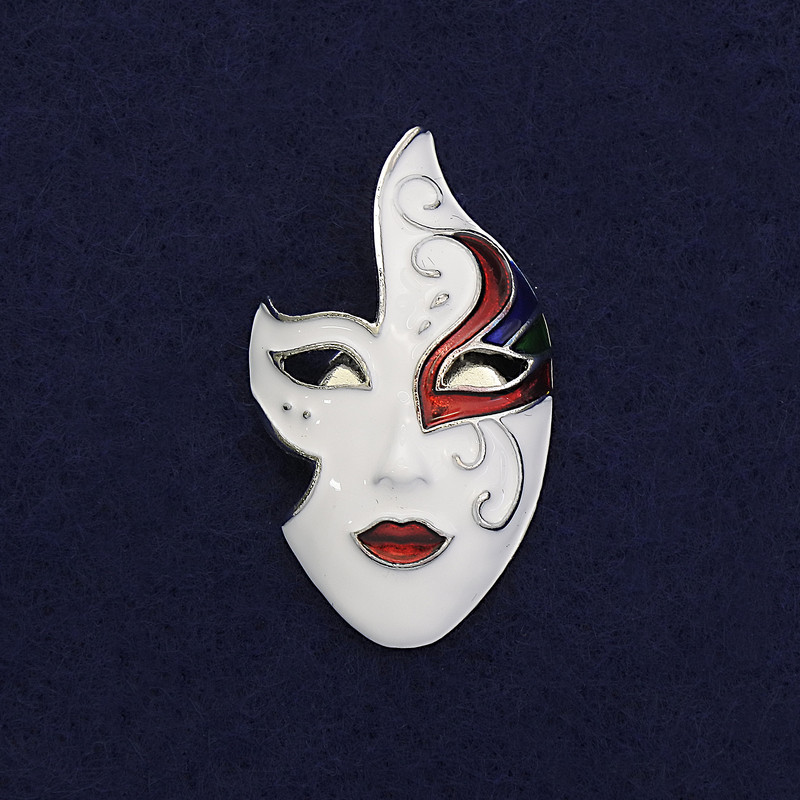 Mask Brooch White Black Red Enamel Silver-Tone Metal 40x23mm+/- Magnetic