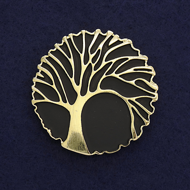 Tree Brooch matte black colour golden metal, diameter 40mm+/-, magnetic