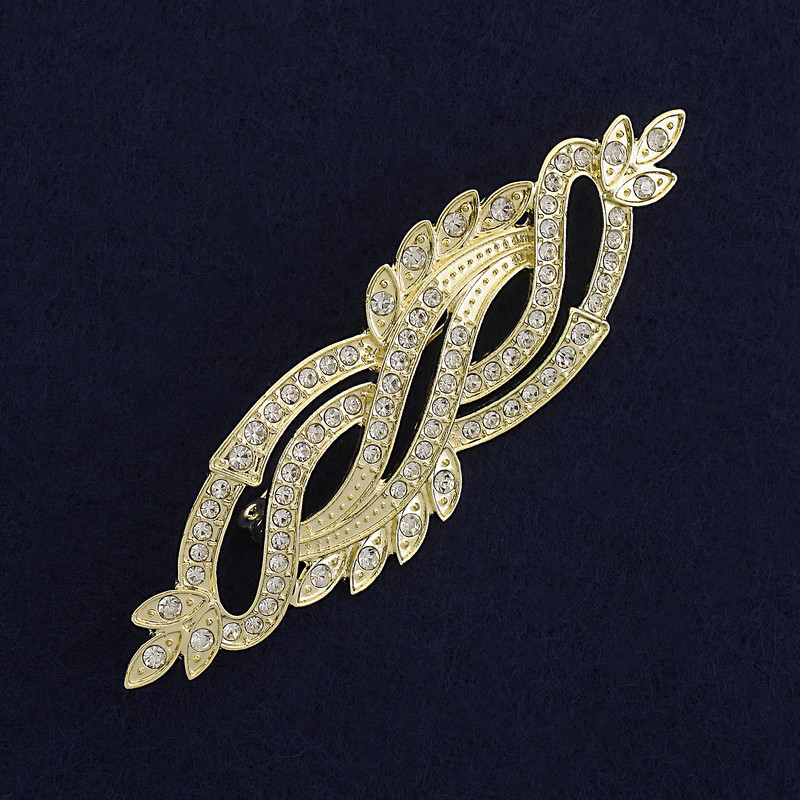 Accent Brooch, White Rhinestones, Golden Metal, 85x26mm+
