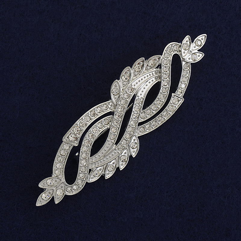 Accent Brooch, White Rhinestones, Silvery Metal, 85x26mm+