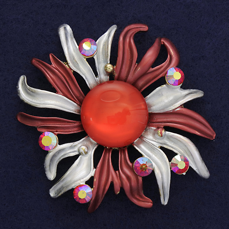 Flower Brooch, Diameter 63mm+/- Red & Silver-Tone Enamel with Rhinestones, Magnetic
