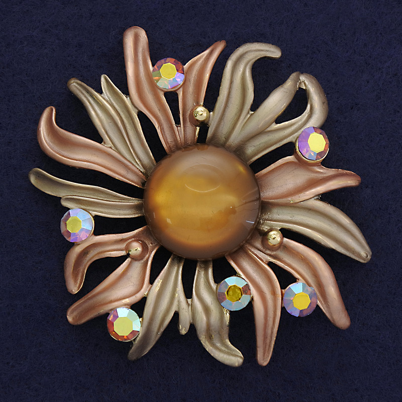 Flower Brooch, diameter 63mm+/- brown colour enamel with rhinestones, magnetic