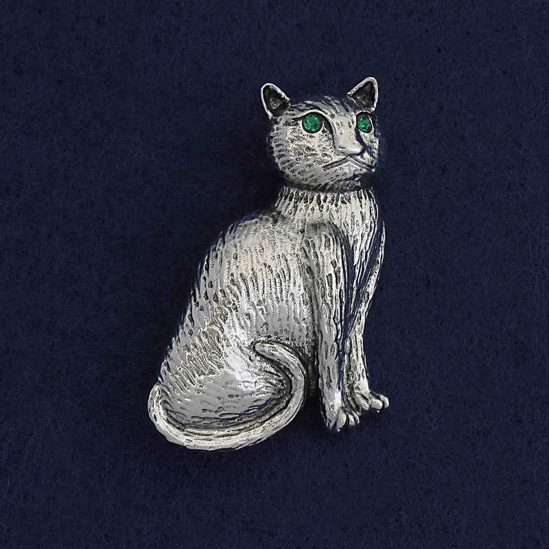 Cat Brooch-Pendant, Green Rhinestones, Dark Silver Colour, Silver-Tone Metal, 45x23mm+