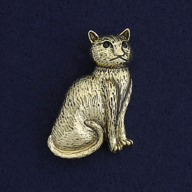 Cat Brooch Pendant Black Rhinestones Dark Gold Gold-Tone Metal 45x25mm+