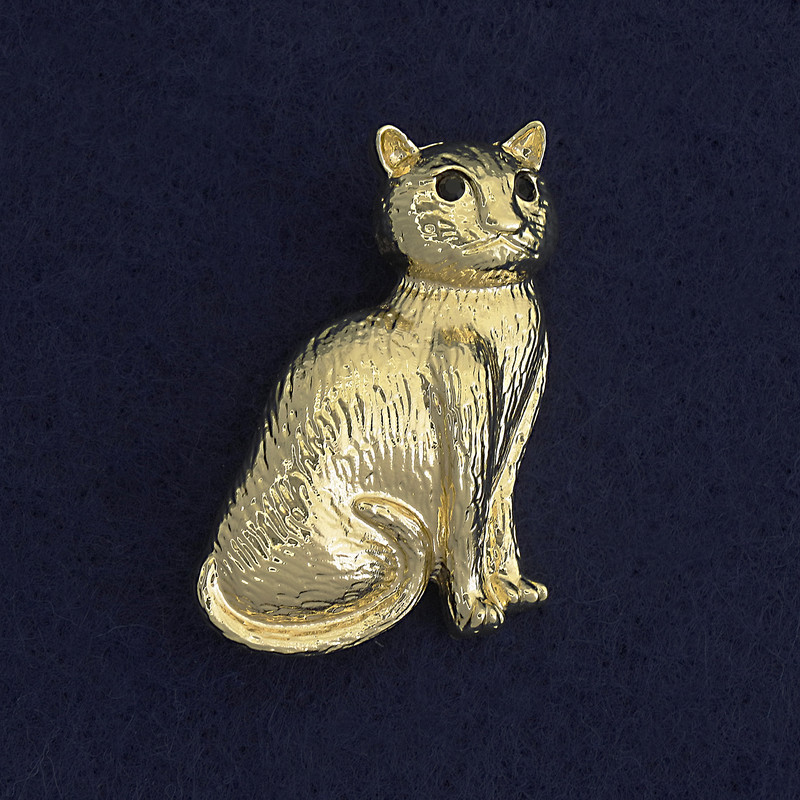 Cat Brooch Pendant, Black Rhinestones, Golden Metal, 45x25mm+