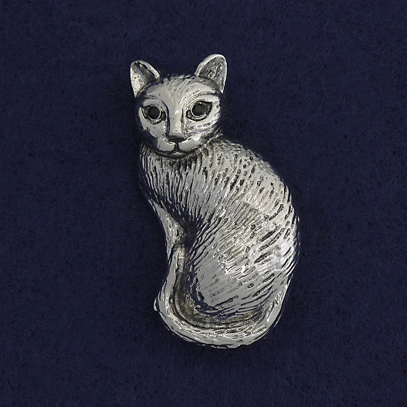 Cat Brooch Pendant, Black Rhinestones, Glossy Silvery Metal, 45x23mm+