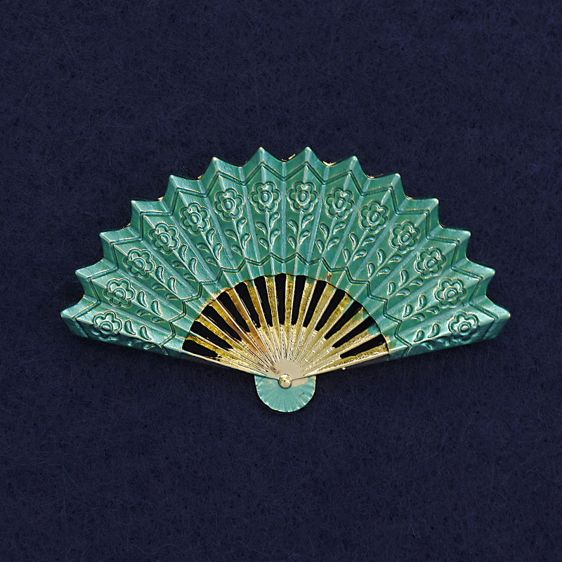 Fan Brooch Green Enamel Gold-tone Metal 54x33mm+