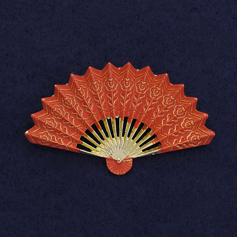 Fan Brooch, Orange Enamel, Golden Metal, 54x33mm+