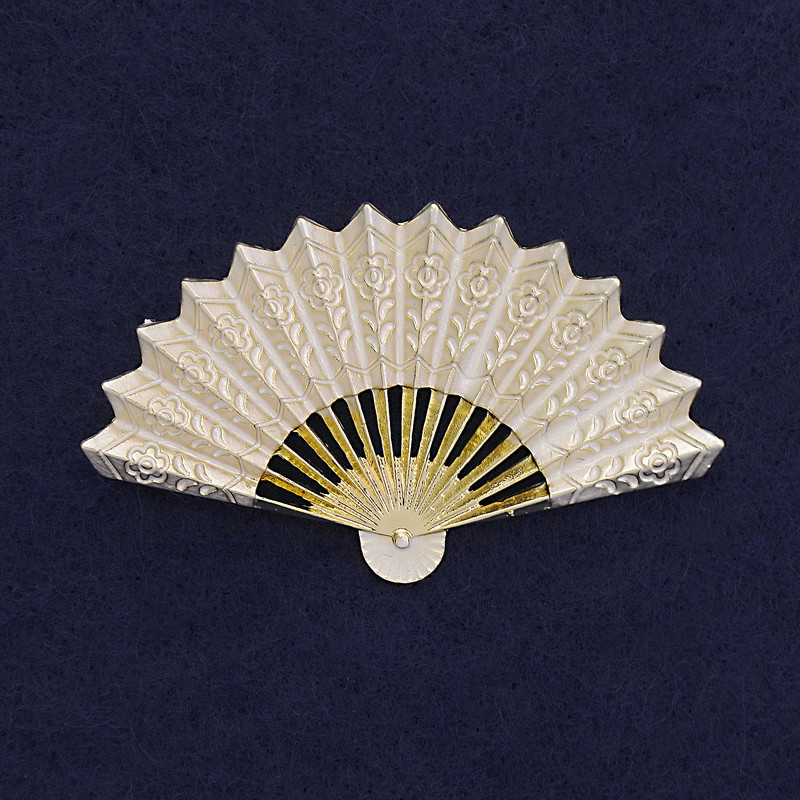 Fan Brooch, White Enamel, Gold-Tone Metal, 54x33mm+