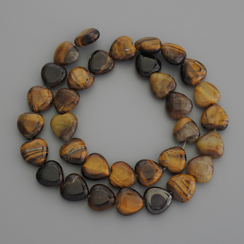 Tiger's Eye Natural Stone Heart Beads, Diameter 12x12mm+- on Fishing Line, Length 39cm+