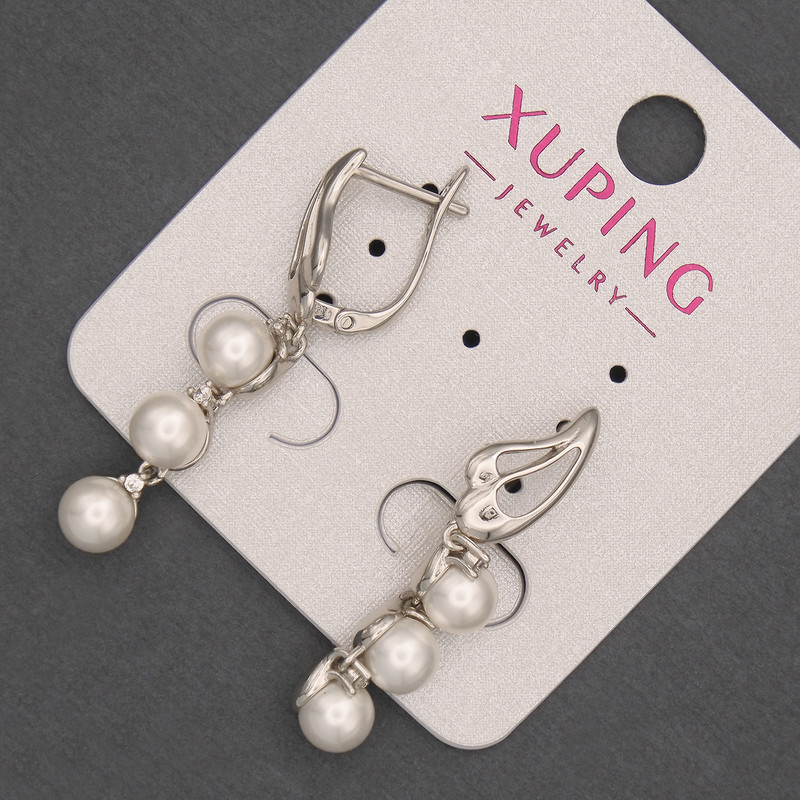 Xuping Rhodium Earrings with Pearl, 6mm Diameter, White Rhinestones, 37mm+ Length