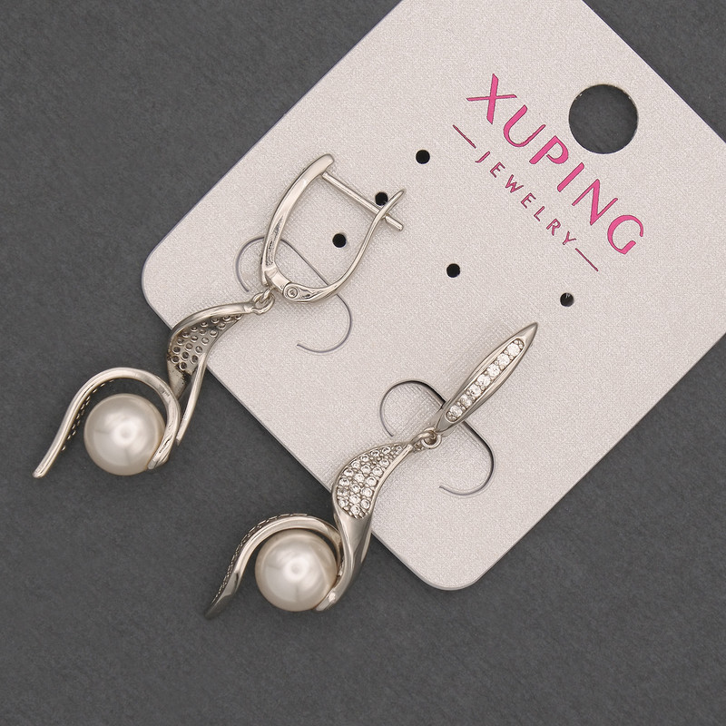 Xuping Rhodium Earrings with Pearl, Diameter 8mm and White Rhinestones, Length 36mm+