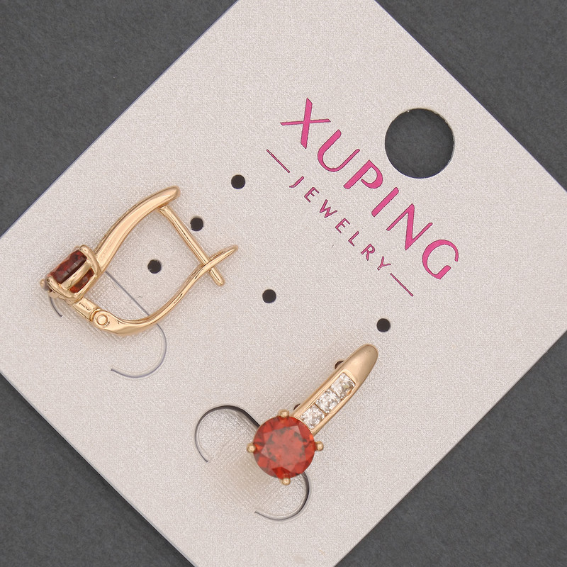 Xuping Earrings with White Rhinestones and Red Stones, diameter 6mm+/-, length 16mm+/- 18K Gold Plated