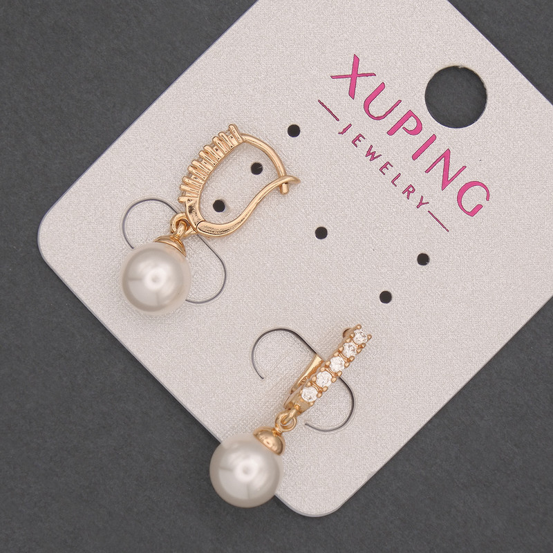 Xuping Earrings with White Rhinestones and Majorca Pearl Bead, 8mm+/- Diameter, 23mm+/- Length, 18K Gold Plating