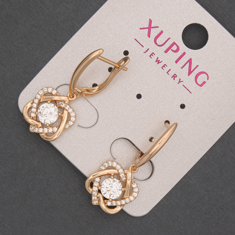 Xuping Earrings with White Rhinestones and White Crystal, Diameter 12mm+/-, Length 30mm+/- 18K Gold Plating
