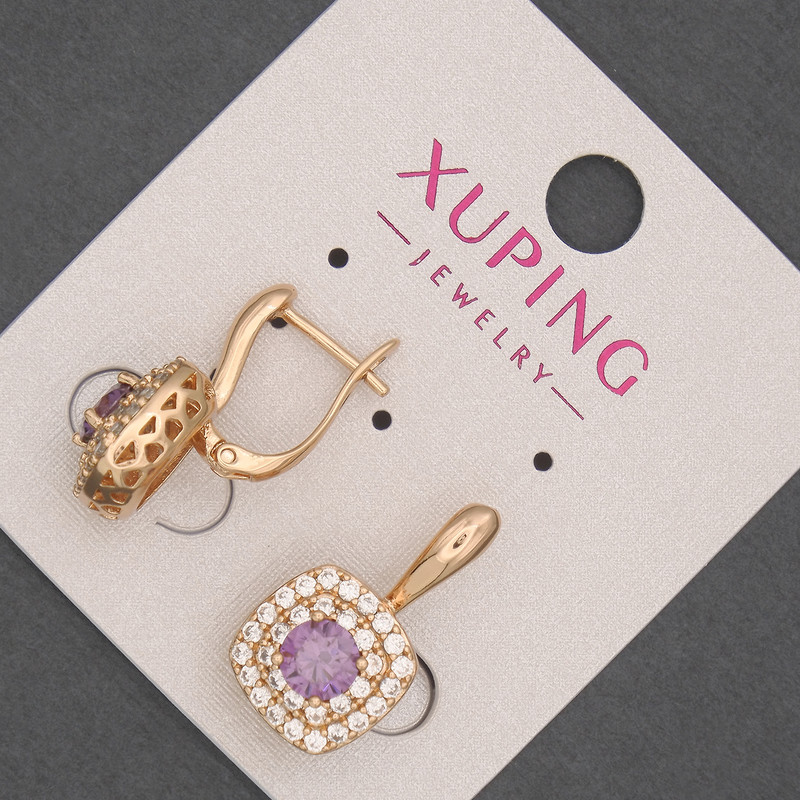 Xuping Earrings with White Rhinestones and Purple Crystal, 12mm+/- Diameter, 20mm+/- Length, 18K Gold Plating