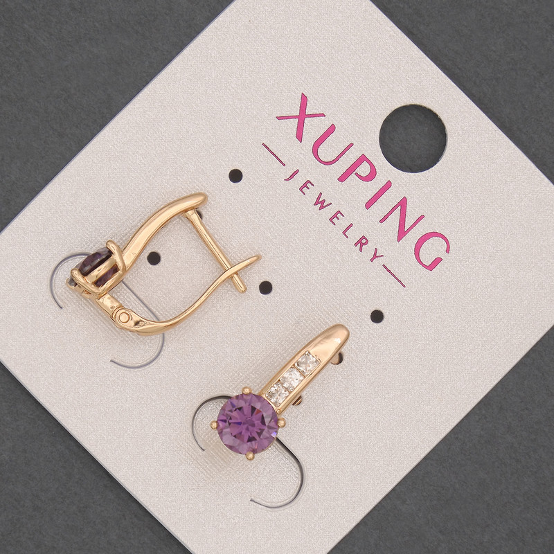 Xuping Earrings with White Rhinestones and Purple Crystal, Diameter 6mm+/-, Length 17mm+/- 18K Gold Plating