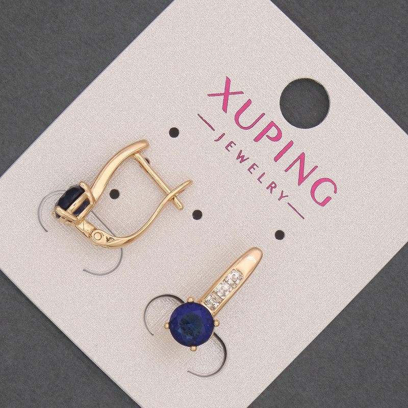 Xuping Earrings with White Rhinestones and Blue Crystal, Diameter 6mm+/-, Length 17mm+/- 18K Gold Plated