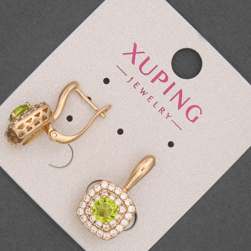 Xuping Earrings with White Rhinestones and Olive Crystal, Diameter 12mm+/-, Length 20mm+/- 18K Gold Plating