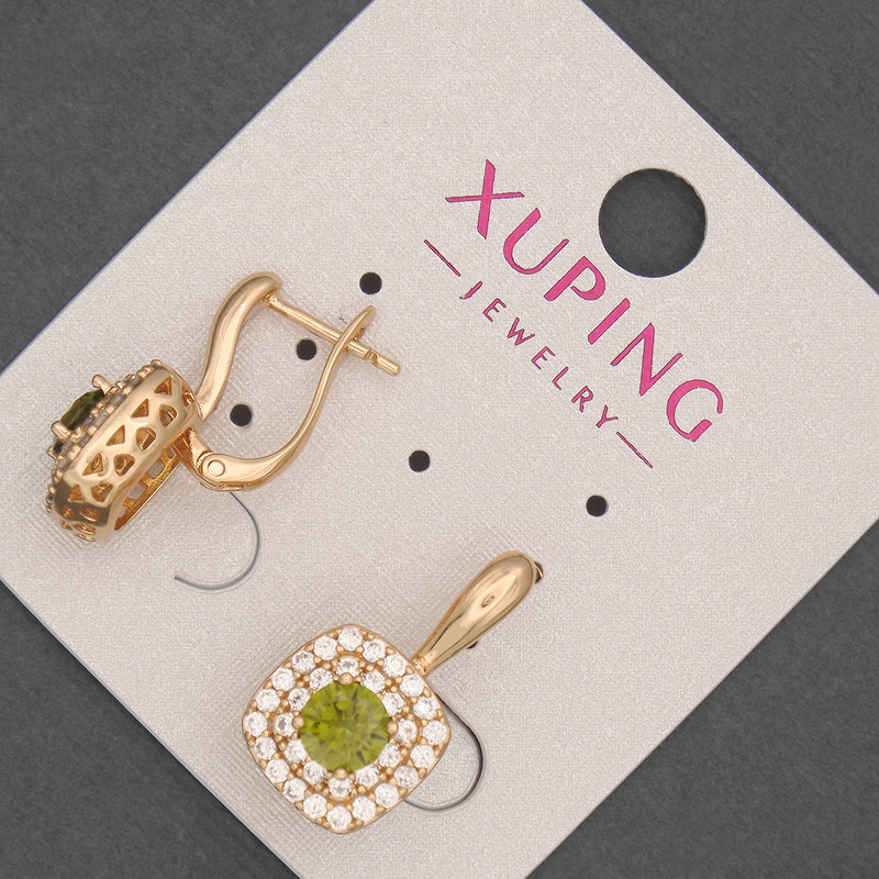 Xuping Earrings with White Rhinestones and Olive Crystal, Diameter 12mm+/-, Length 20mm+/- 18K Gold Plating
